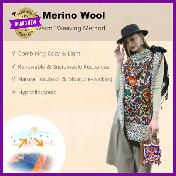 Oversized 100% Merino Wool Pashmina Wrap Blanket Shawl for Women - Picture 5 of 8